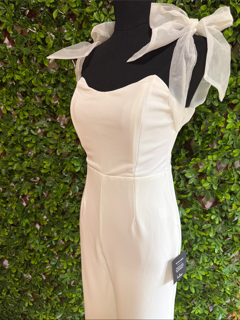 NWT-Pristine Aura White Tie-Strap Off-the-Shoulder Jumpsuit - Picture 8 of 16